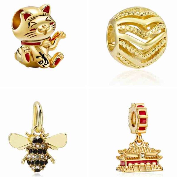 925 Charme de prata Bercas Dangle Gold Color Lucky Cat Bee Pineapple Diy Fit Fit Pando Charms Bracelet Acessórios de jóias DIY