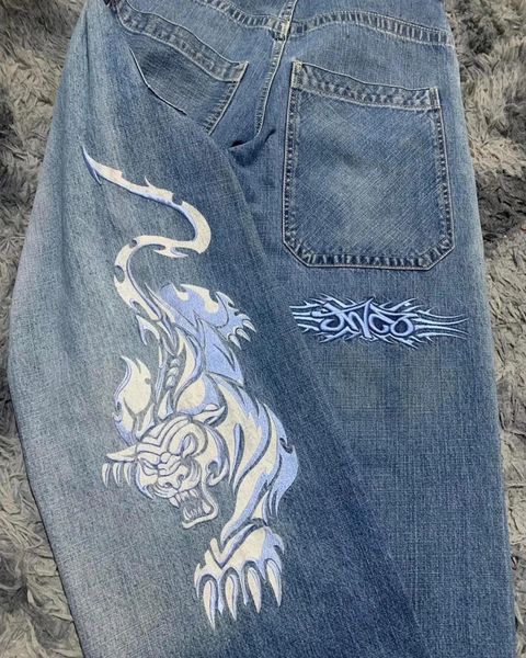 JNCO Jeans Y2K Harajuku Hip Hop Tiger Graphic Goth Retro Blu Baggy Denim Pantaloni Uomo Donna Gotico Vita alta Pantaloni larghi 231225