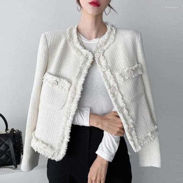 Jackets femininas outono Inverno Inverno French White Tweed Mulheres Casar pequenas fragrâncias corea chique casual moda solta lady tassel tassel preto jaqueta