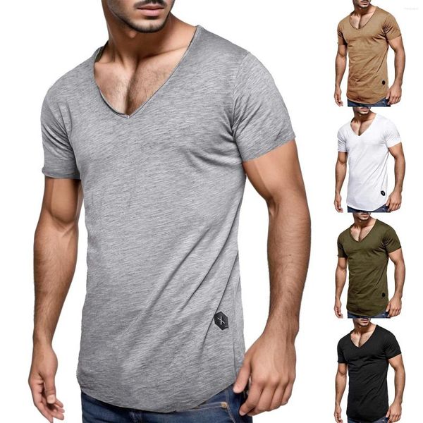 Camisetas masculinas camisetas de cor sólida de decote em V para mangas curtas de verão plus size camisa lisa de esportes diários respiráveis