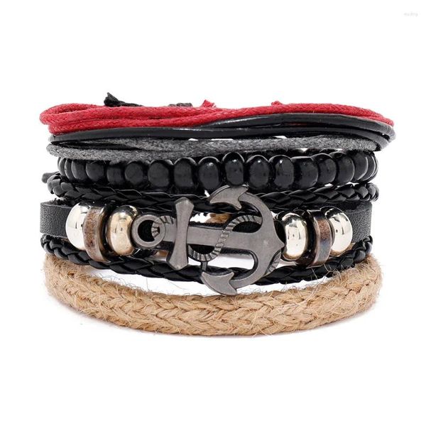 Charme Armbänder Lederarmband für Männer Street S Sea Anker Vintage Seil mehrschichtige Cowhide Handrope Punk -Set