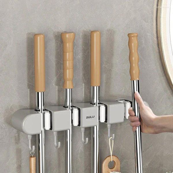 Küche Aufbewahrung Mop Wandmontierter Besen Organisator Key Hooks No-Holehouse-Regale Karabinerhalter Wandbadzubehör