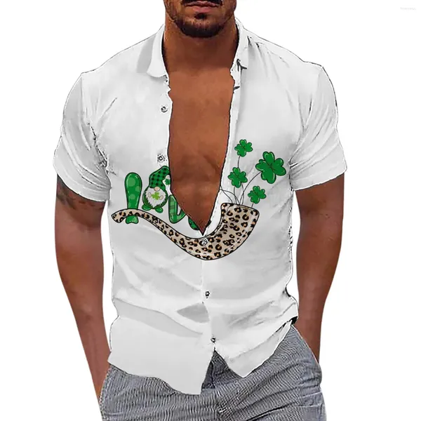 Camisas casuais masculinas de St. Patricks, elegante e elegante decote em V Basted Sleeve Sleeve Irish Flag Full Print Tops Streetwear
