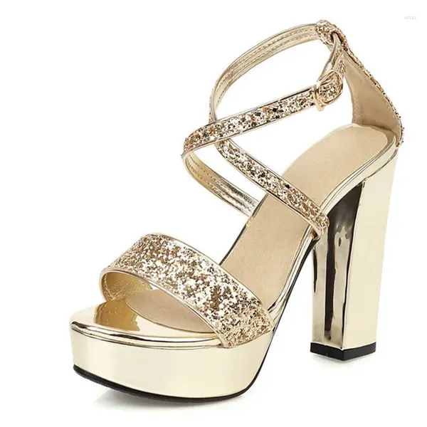 Sandalen sexy Gold Silber Kreuzgurt Kristall High Heels Frauen Bling Glitter Hochzeit Brautparty -Plattform Absatz Schuhe Sommer