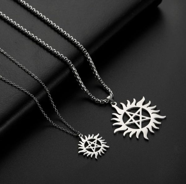 Skyrim Collana con pendente pentagramma in acciaio inossidabile splendente sole Supernatural Dean Statement Box Catena Collane Gioielli Donna Uomo Y04997498