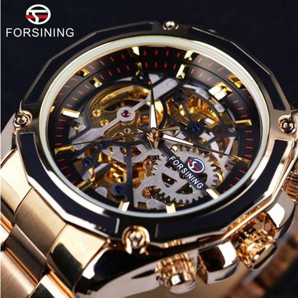 Forsining Steampunk Gear Design Transparentes Gehäuse Automatikuhr Gold Edelstahl Skelett Luxus Herrenuhr Top-Marke Luxus W2911