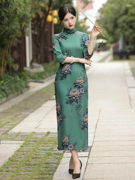 Roupas étnicas Flor Oriental Impresso Cetim Slim Estilo Longo Cheongsam Manga Sete Pontos Diariamente Qipao Vestido Chinês