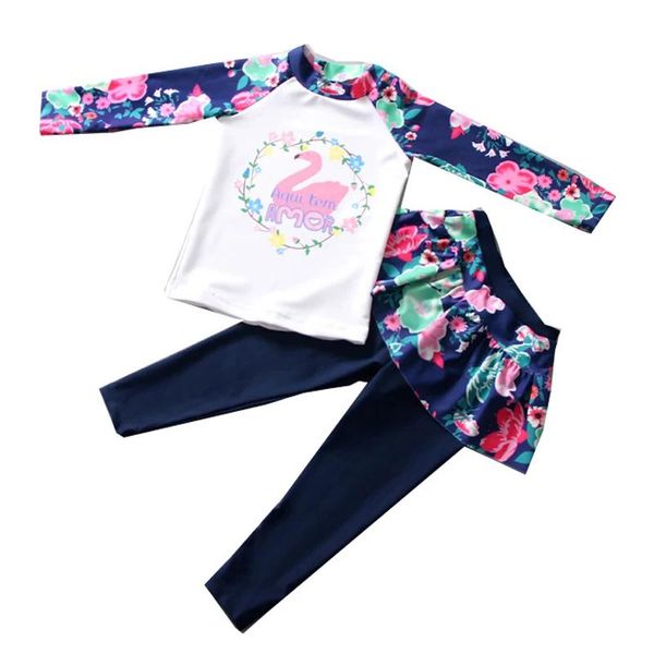 Set Costume da bagno a due pezzi a maniche lunghe per neonata Stampa resistente al sole Muta da surf per bambini Costume da bagno diviso per ragazze Costume da bagno per bambini