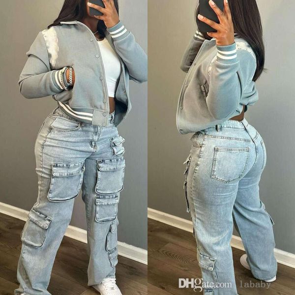 Pantaloni di denim donna donna streetwear Zipper Fly Multi Pocket Side Straight Pantal