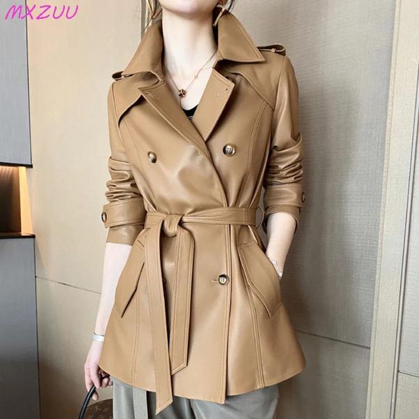 Jackets Sheepskin Casat Women Inverno novo Fashion lapela lapelebasted cinting cintura de fechamento médio a longa trincheira de jaqueta de couro genuína