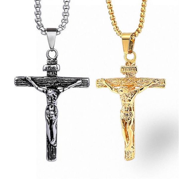 Unisex Männer Edelstahl Anhänger Halskette Christian Crucifix Jesus Patron Saint mit Rolo Chain221c