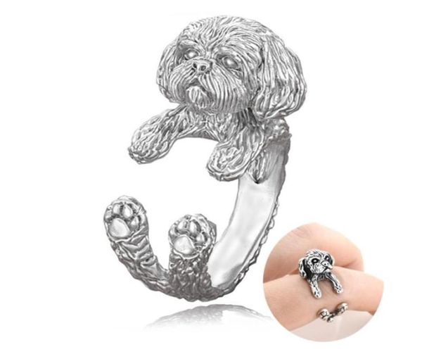 Cluster-Ringe Vintage Silber Farbe Boho Niedlicher Shih Tzu Lhasa Apso Hundewelpen Form Wickelring für Frauen Mädchen Kinder Geschenk Haustierliebhaber 1780134