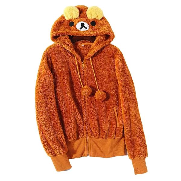 Zuolunouba 2024 Autunno E Inverno Dolce e Carino Velluto Corallo Delle Signore Con Cappuccio Peluche Del Fumetto Orso Orecchio Cerniera Casual Ragazza Cappotto 231225