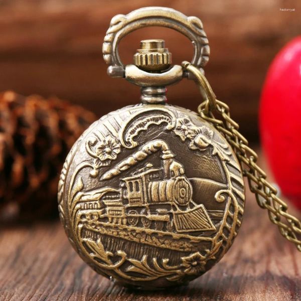 Pocket Watches Small Bronze Steam Train Colars Watch Gift Men Women Quartz Numbers árabe Disque o relógio pendente de moda vintage