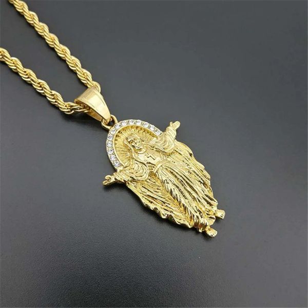 Hip Hop Buzlu Çıkış İsa Crucifix Kolye Kolye Erkekler Altın Renk 14K Sarı Altın Zincir Kübik Zirkonya Bling Hıristiyan Jewelryy