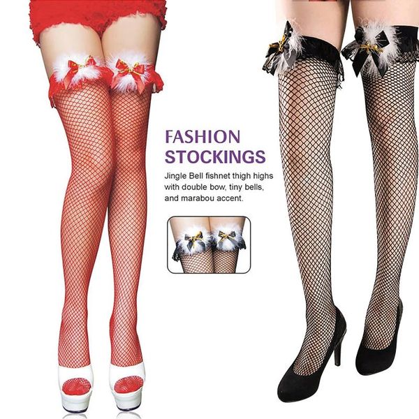 Женские носки, рождественские чулки с бантом, сексуальное женское белье, высокие бедра, ажурные сеточки, до колена, Хэллоуин