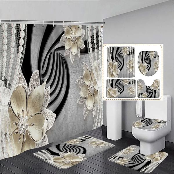 Elegante e elegante fantasia pérolas diamantes buquê estilo 3d cortina de chuveiro com tapete de banho conjunto casa decoração do banheiro 231225