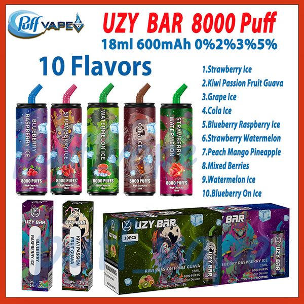 AUTENTICO UZZO bar UZY 8000 sbuffi sigaretta elettronica da 18 ml bobina a maglie da 600 mAh batteria ricaricabile 10 gusti soffio 8k vape penna