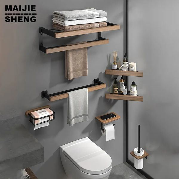 Badezimmer -Hardware -Set Schwarzes Holzbadzubehör Wandmontierte Handtuch Rack Handtuch Stange