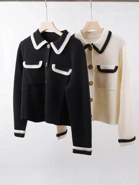 Jaquetas femininas contraste a cor da cor da malha de malha de lã temperamento de lã de pó de manga longa de manga comprida