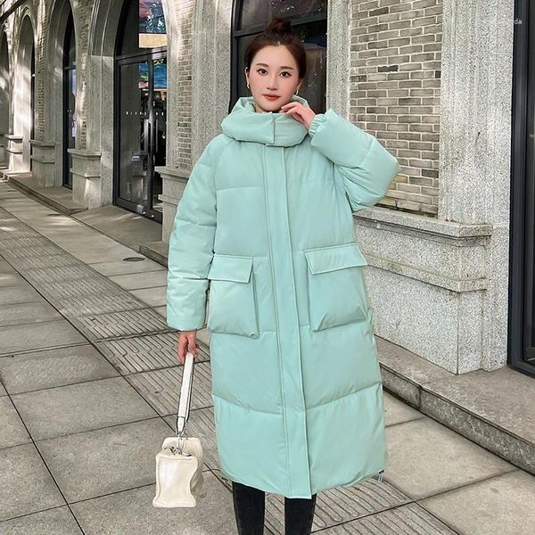 Trench feminina casacos Rússia 2023 Down Algodod Coat Winter Horded Corean Version Knee Long sobre pão grande solto