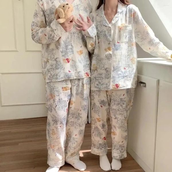 Frauen Nachtwäschepaar Chinesischer Blumendruck Herbst Winter Baumwoll Gaze Pyjama Set Langarm Weiche Krepphosen Haus tragen Kleidung S342