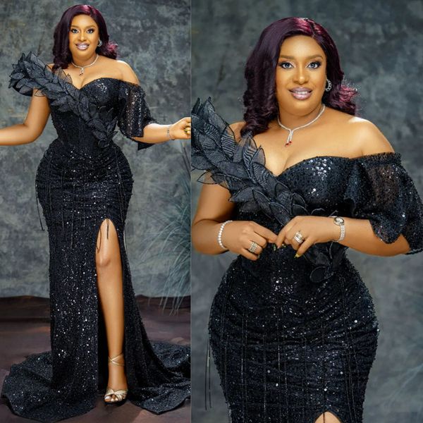 Plus size aso ebi vestidos de baile preto sereia fora do ombro lantejoulas renda alta divisão beading vestido de noite para ocasiões especiais vestido de recepção de festa de aniversário NL133