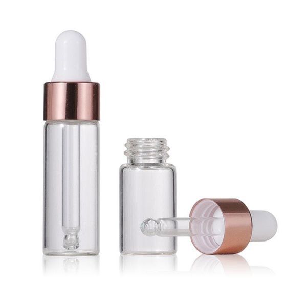 Clear Glass Dropper Bottle 1ml 2ml 3ml 5ml with New Rose Gold Cap Glass Essential Oil Pipette Bottle Acuaq