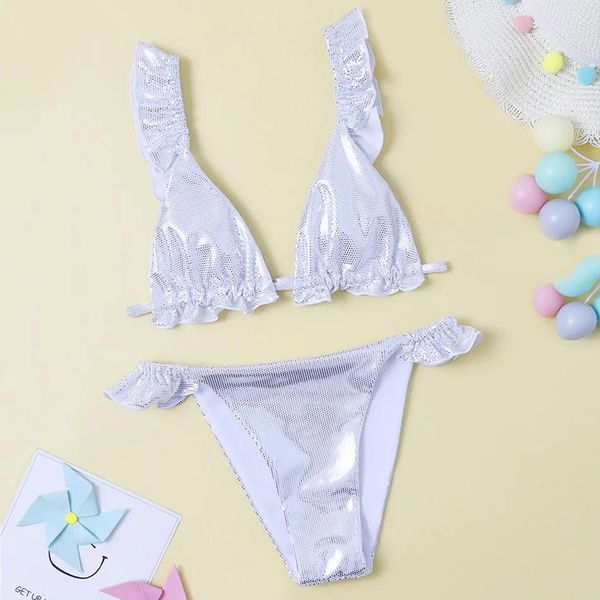 Set bikini a triangolo con volant metallizzato per ragazze, costume da bagno per ragazza sexy, costumi da bagno per bambini in due pezzi, costumi da bagno per ragazze adolescenti