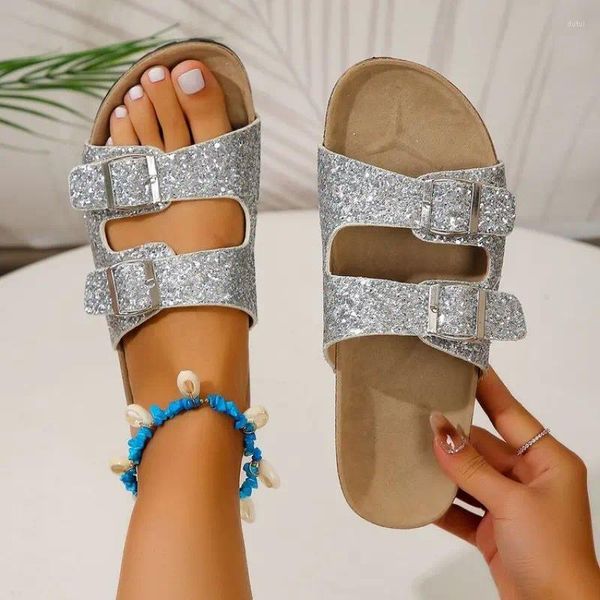 Terlik 2024 Yaz Trail Sequins Ebeveyn-Çocuk Kadın Çift Toka Flip Flops Cork Sandals Plus Boyut 43