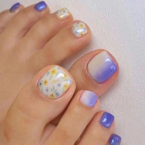 Falsas unhas flores falsas unhas dicas de unhas curtas capa francesa capa completa de dedão de dedão para mulheres meninas