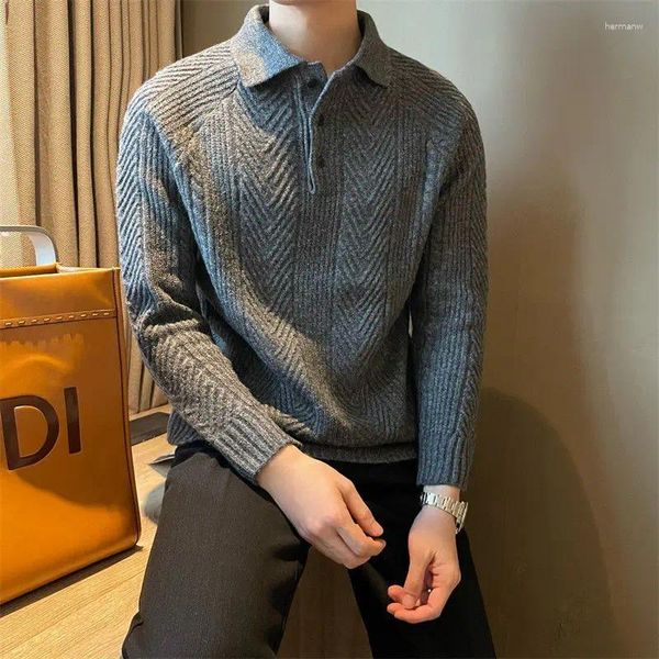 Maglioni da uomo Maglione Texture retrò Polo con colletto risvoltato Autunno Inverno Casual Bottoni tinta unita Top lavorato a maglia Pullover