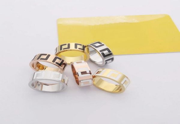 Europa América Designer Anéis Moda Estilo Lady Mulheres Titânio Aço Gravado F Letra Com Preto Branco Esmalte 18K Ouro Amplo Ring9192962