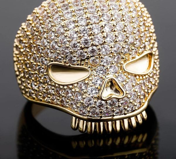 Anel de caveira gelado masculino, anel de prata e ouro de alta qualidade com diamantes completos, anéis de hip hop, joias 8261118