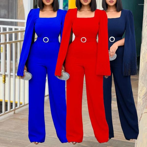 Roupas étnicas 2023 Africano Mumpsuit Summer Mulheres poliéster vermelho azul escuro Três cores roupas longas com cinto