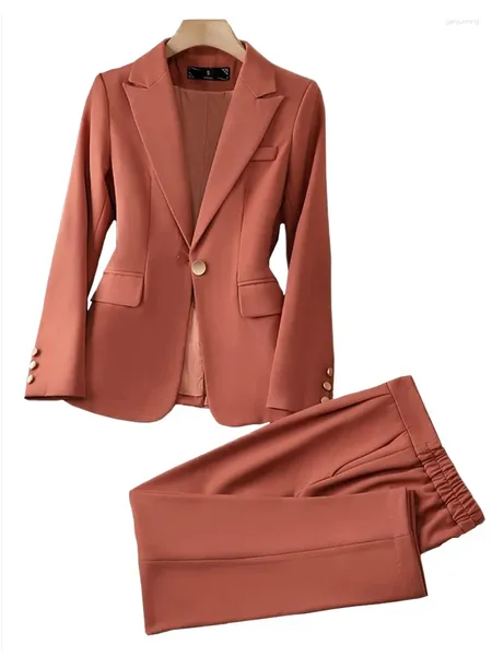 Calças de duas peças femininas, terno formal Office Lady Solid Blazer Troupreres 2 Desenvolvimento de negócios femininos Slim Pant Slim