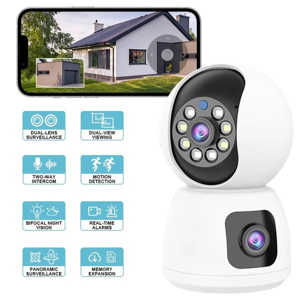 1080p HD WiFi Lente Dual Câmera de Segurança Carmeras 360 ° Panorâmico IR IP IP VISION NOITE VISÃO COMO COLOR AUTOMÁTICO Humano Rastreamento 4X Digital Zoom Security Monitor