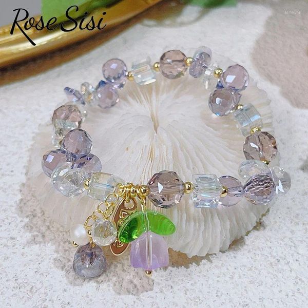 Bracelets de charme Rose Sisi Fresh Crystal Crystal Bracelete para mulheres Minchas de flores de coração lindo Cordão elástica de jóias 19-24cm Girl presente