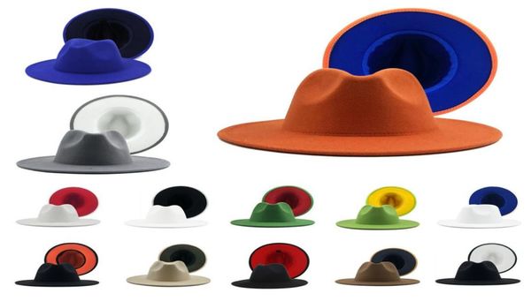 Einfache äußere orange innere blaue Patchwork-Wollfilz-Jazz-Fedora-Hüte mit dünner Gürtelschnalle Männer Frauen breite Krempe Panama Trilby Cap9889355