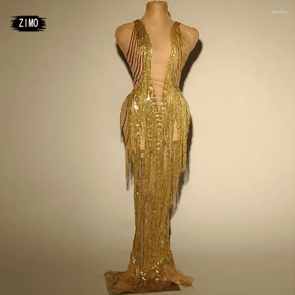 Bühnenbekleidung goldene Pailletten sexy Mesh auf Blick durch Kleid Luxus Quasten Geburtstagsfeier Hochzeit Prom Nachtclub Dnace Performance Kostüm