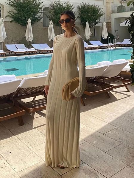 Elegant Loose Solid Women Knitted Maxi Dress Female O-neck Long Sleeve Pleated Dresses Autumn Chic Streetwear Lady Robe 231225