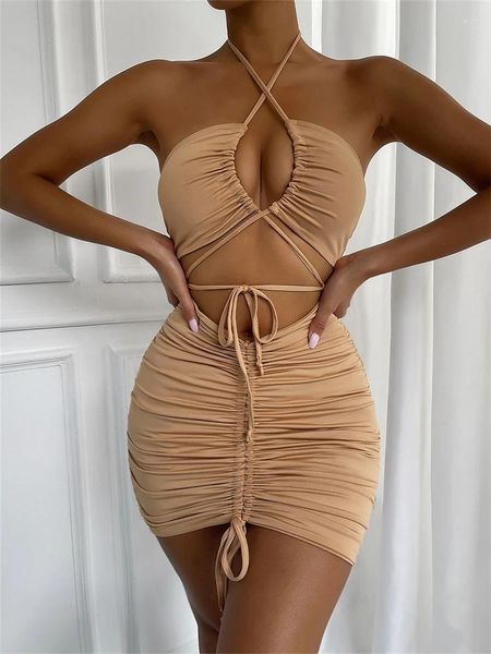 Рабочие платья Habbris Bodycon Y2K Black Mini Dress Summer для женщин 2023 Khaki без спинка кружевные