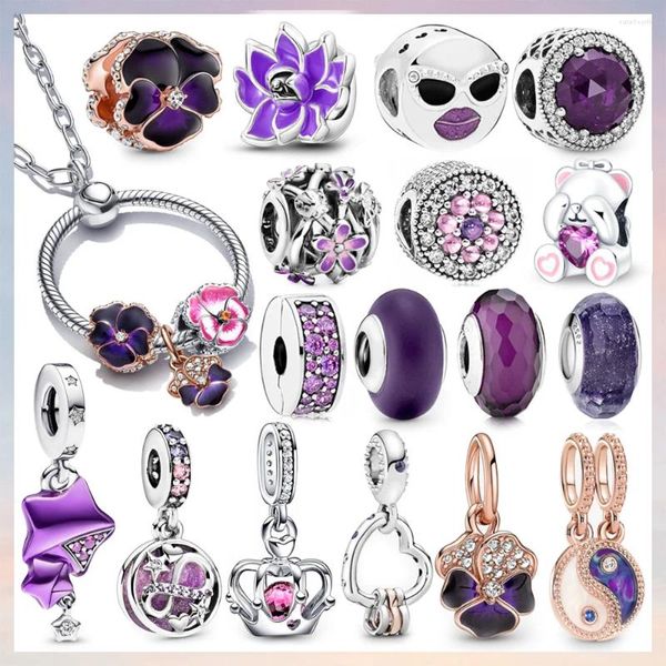 Fedi nuziali in argento sterling 925 con ciondolo a forma di margherita viola infinito, perlina, bracciale originale, clip di Murano, pendente da donna