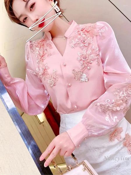 Camicette da donna 2024 camicia in chiffon di moda primaverile donna in stile coreano collare dolce camicetta da ricamo floreale dolce camicetta femmina