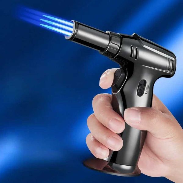 Novo metal à prova de vento turbo tocha reta flush chama azul butano sem gás mais leve acampamento ao ar livre cozinha churrasco pistola de soldagem