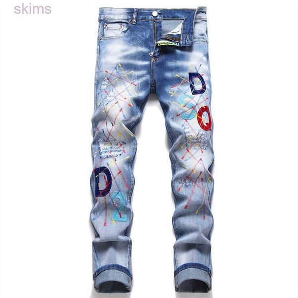 Designer nova primavera rua na moda masculina d2 jeans com bordado perfurado elástico pés apertados calças 1346