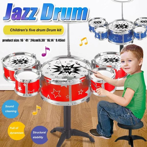 Strumento musicale giocattolo per bambini 5 tamburi Simulazione kit batteria jazz con bacchette Giocattolo musicale educativo per regali per bambini 231225