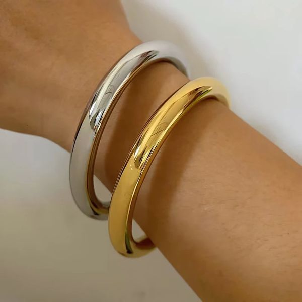 Ins na moda pvd 16k banhado a ouro aço inoxidável liso oco pulseira para mulheres à prova d'água suave jóias presente 231225