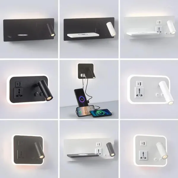 Lâmpada de parede lâmpadas led led telefone celular carregando sem fio com porta USB porta nórdica de cabeceira de cama de cama de cama de quarto de luz rotativa Luz de leitura