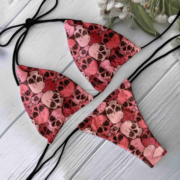 Bikini Set Nuovo Bikini Set V profonda Senza schienale Vita bassa Modello teschio sexy Costume da bagno stampato Spiaggia Surf Vacanza Costume da bagno donna Due pezzi SeL231225